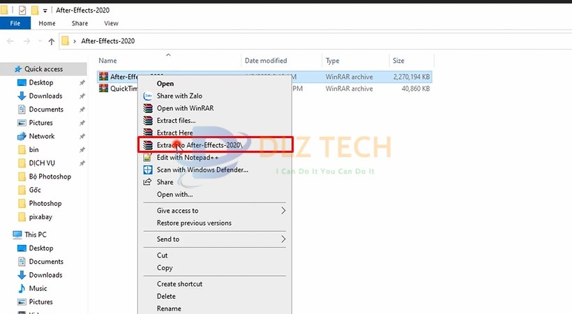 Giải nén file cài đặt After Effects 2020 như hình.