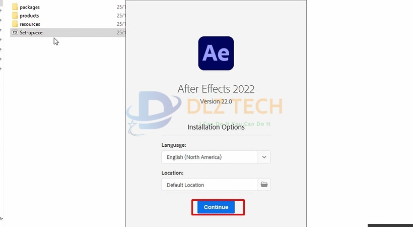 Tiến hành chọn Continue tiếp tục cài After effects 2022.