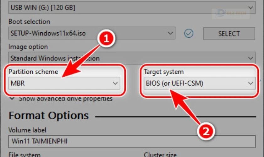 Chọn MBR trong Rufus