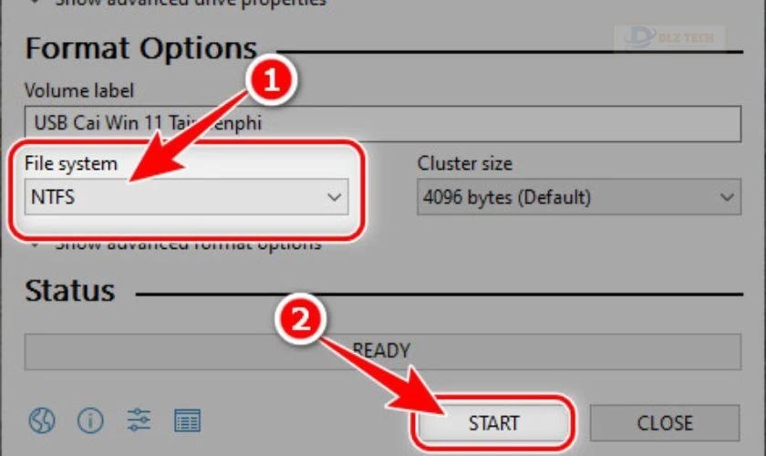 Chọn NTFS và bắt đầu tạo USB Boot