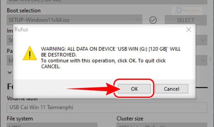 Nhấn OK để bắt đầu tạo USB Boot