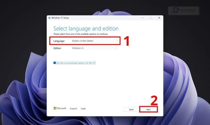 Chọn ngôn ngữ và phiên bản Windows 11, nhấn Next