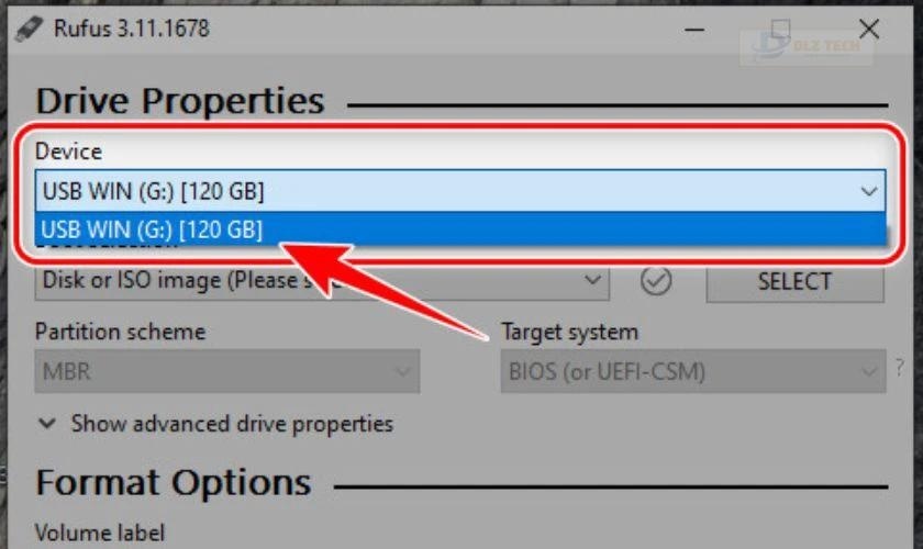 Chọn USB trong Rufus