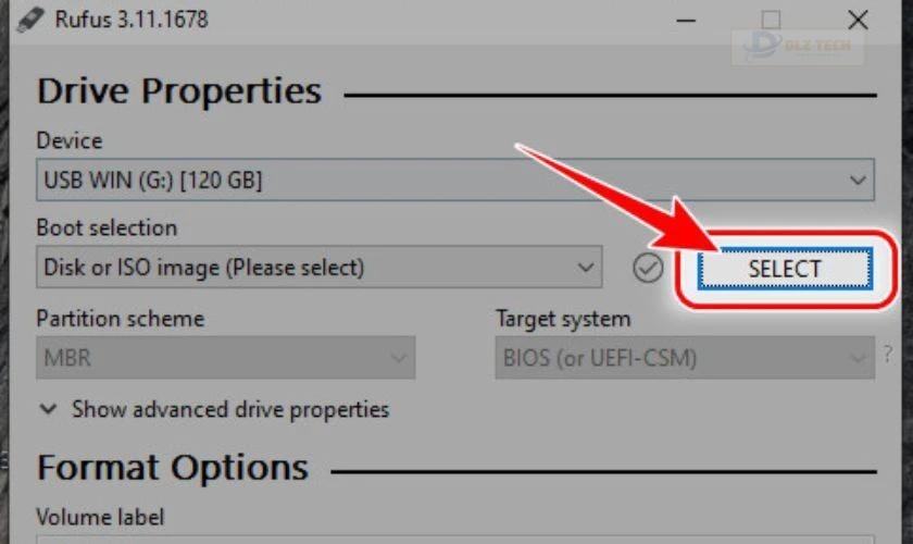 Chọn file ISO của Windows 11 trong Rufus
