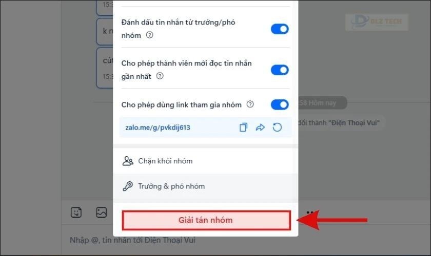 Nhấn vào Giải tán nhóm để xóa nhóm chat Zalo trên máy tính