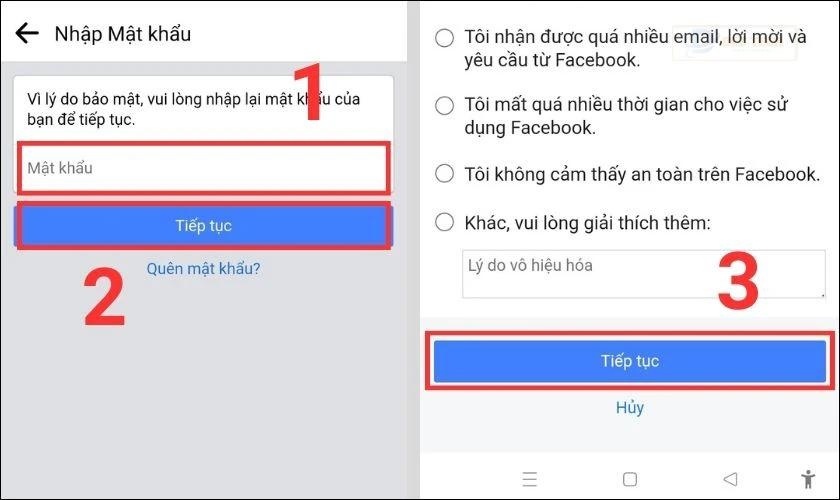 vô hiệu hoá tạm thời trang fb trên điện thoại