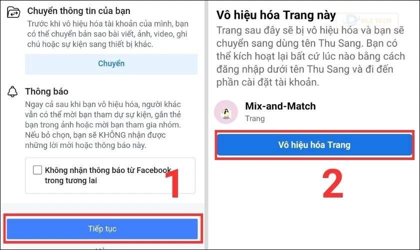 vô hiệu hoá fanpage trên điện thoại