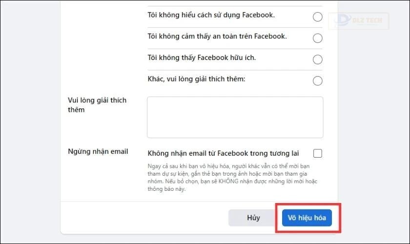 xoá trang facebook tạm thời trên máy tính