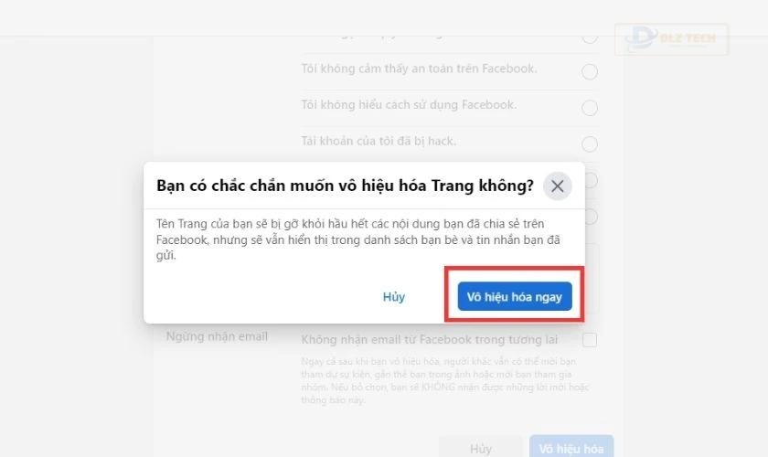 vô hiệu hoá trang page facebook trên máy tính