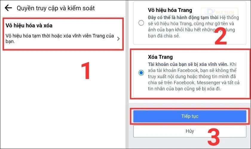 xoá trang facebook vĩnh viễn trên điện thoại