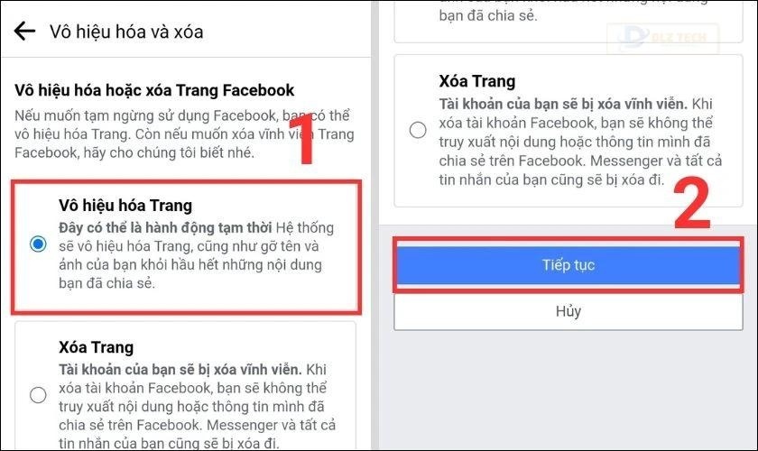 vô hiệu hoá trang facebook trên điện thoại