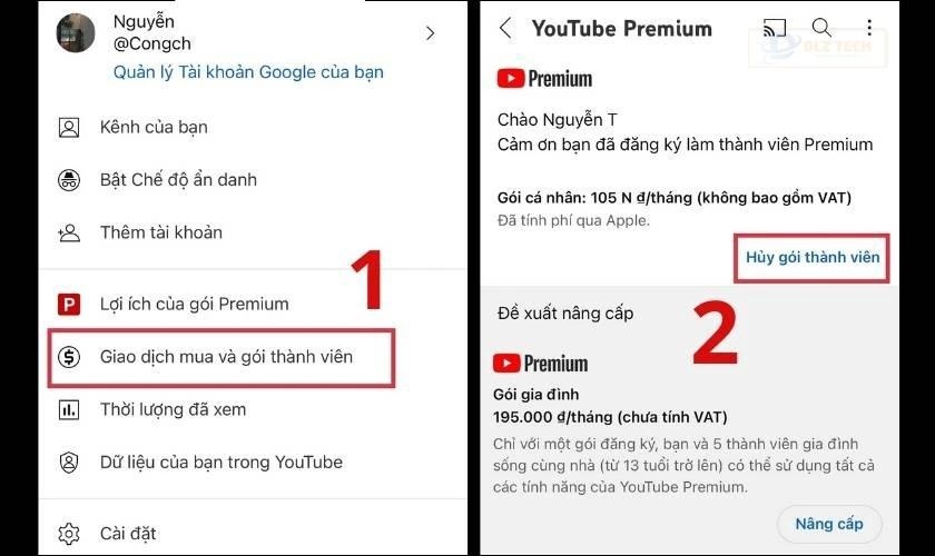 hủy đăng ký youtube premium