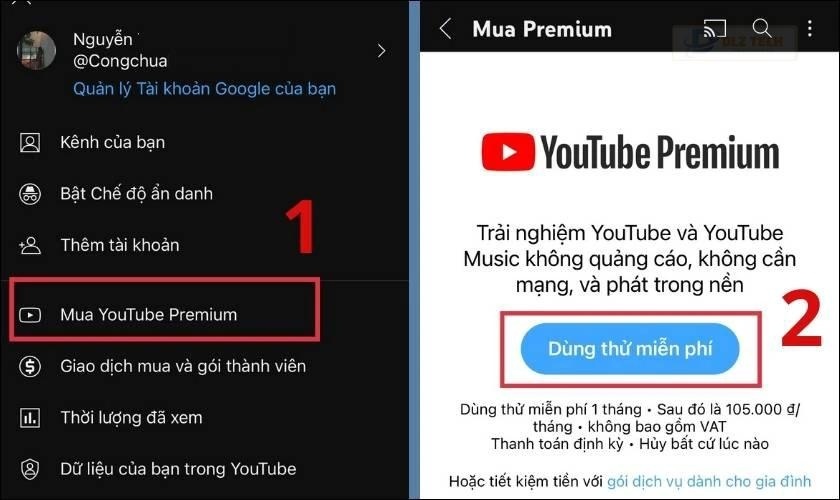 đăng ký dùng thử miễn phí youtube premium
