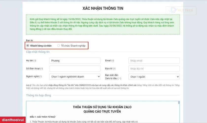 điền thông tin xác nhận