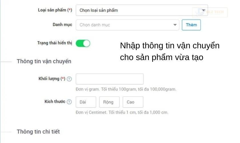 nhập thông tin vận chuyển cho sản phẩm