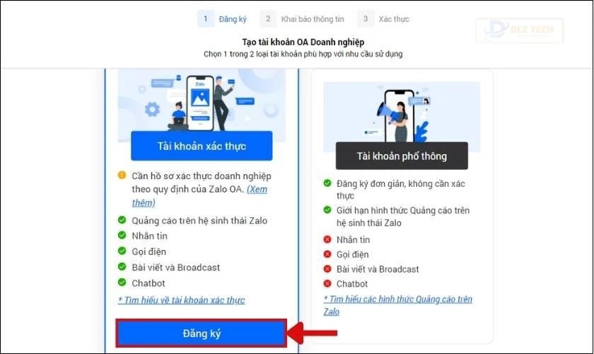 Tạo tài khoản OA doanh nghiệp và nhấn Đăng ký