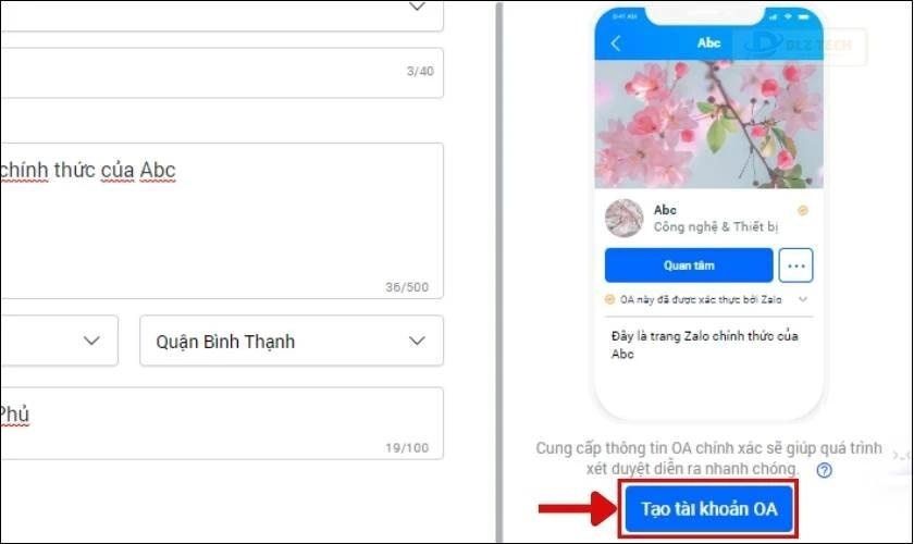 Bấm nút Tạo tài khoản OA