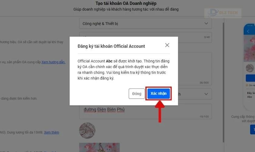 Bấm Xác nhận và đợi hệ thống khởi tạo Official Account