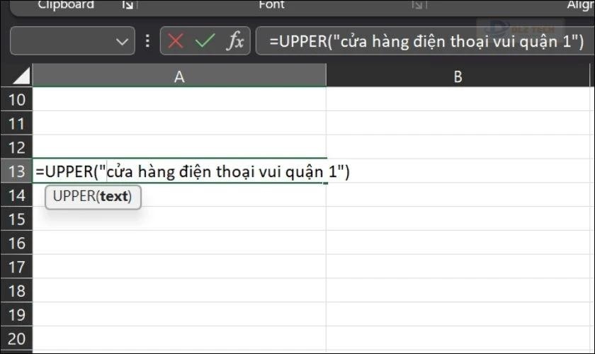 Áp dụng công thức hàm UPPER để viết hoa chữ cái đầu trong Excel