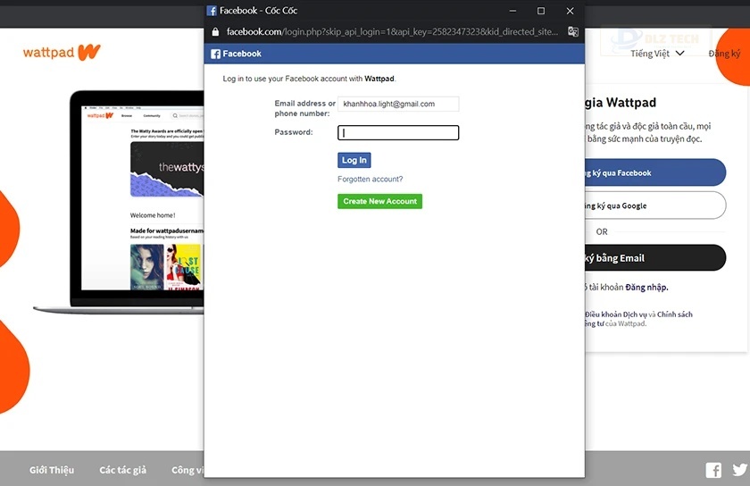 Nhập email và password đăng nhập facebook