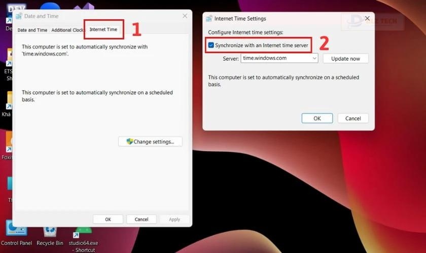Bỏ chọn mục Synchronize with an Internet time server, nhấn OK
