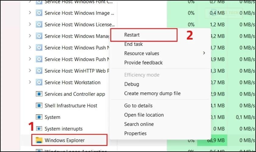 Nhấn chuột phải, chọn Restart