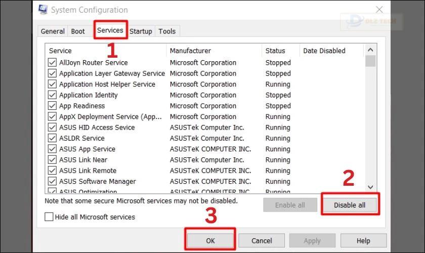 Trong tab Services, hãy chọn Disable All
