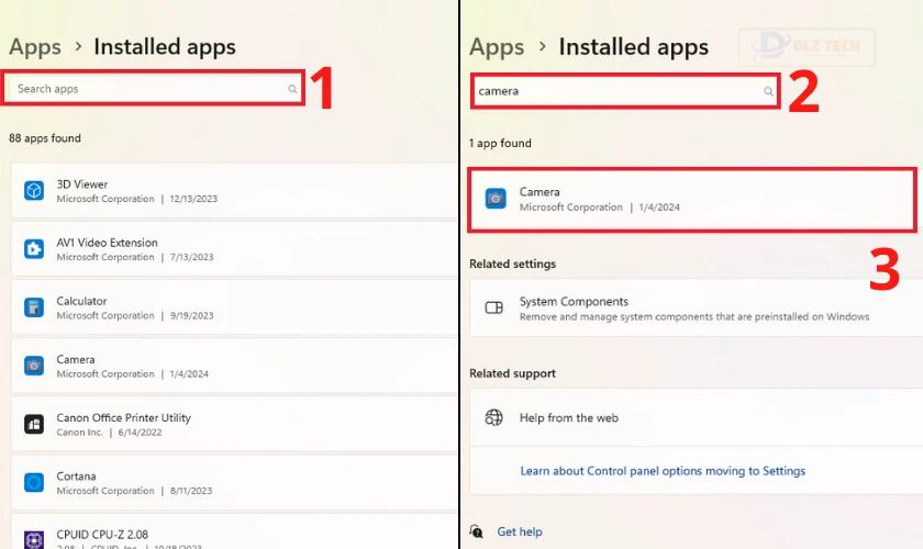 Nhập từ khóa camera vào thanh tìm kiếm Search app