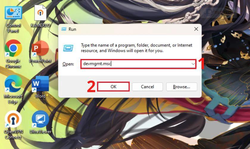 Nhập từ khóa devmgmt.msc, sau đó chọn OK hoặc nhấn Enter