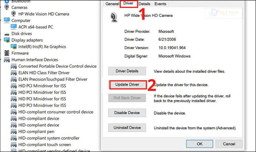 Chọn tab Driver, sau đó chọn Update Driver