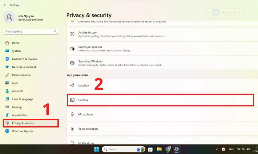 Cấp quyền ứng dụng để sửa lỗi khi camera trên laptop không mở được