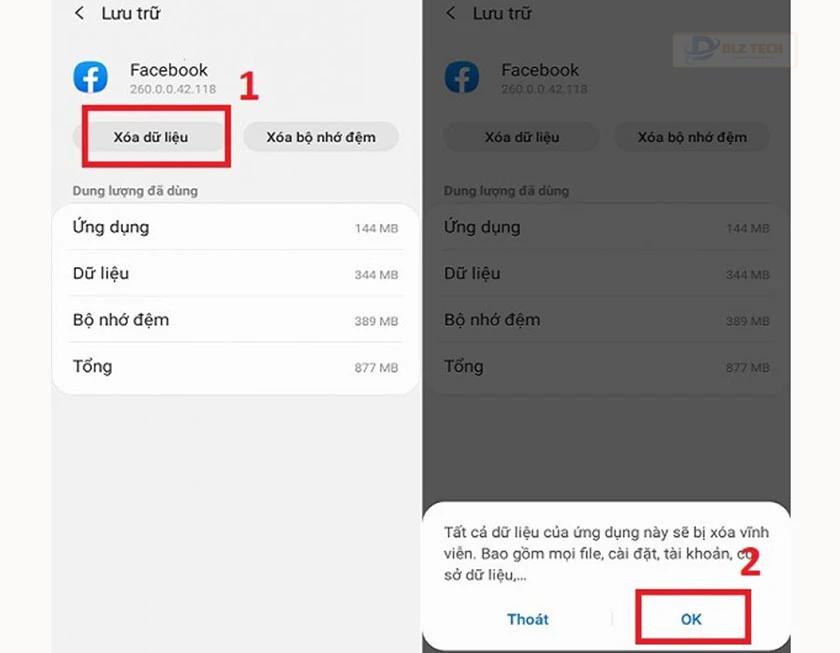 Xóa dữ liệu → OK