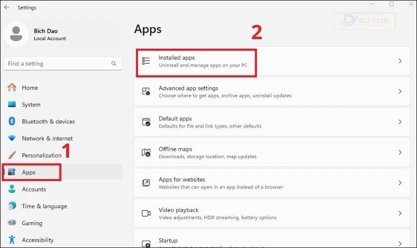 Tại tab Settings mới mở, bạn click chọn vào mục Apps
