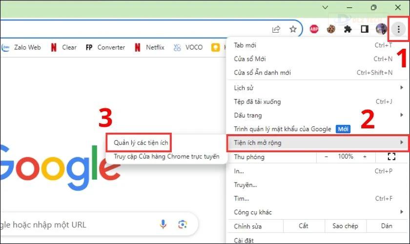 Nhấn vào dấu ba chấm nằm góc trên bên phải và chọn Tiện ích mở rộng