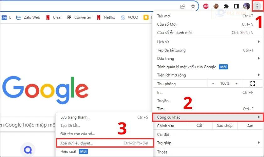 Nhấn vào dấu ba chấm nằm góc trên bên phải và chọn Công cụ khác