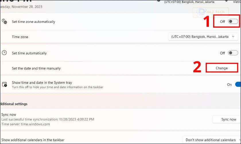 Tắt chế độ Set time automatically, sau đó chọn Change