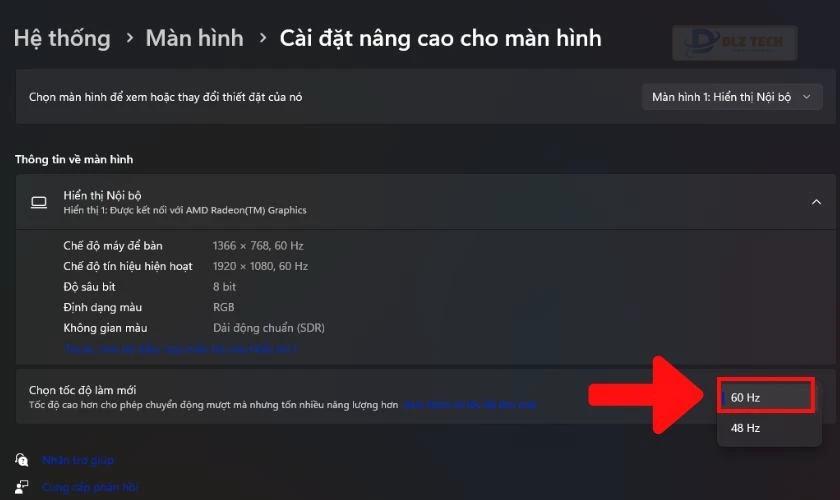Chọn vào tần số 60hz để khắc phục lỗi màn hình laptop bị giật