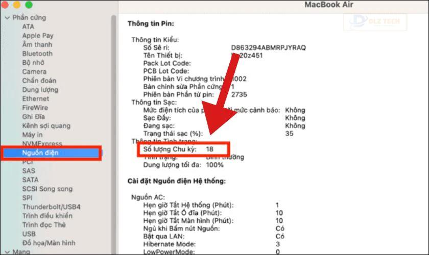 Trong mục Nguồn điện, bạn sẽ thấy thông tin Số lượng chu kỳ, đây là số lần sạc pin của máy