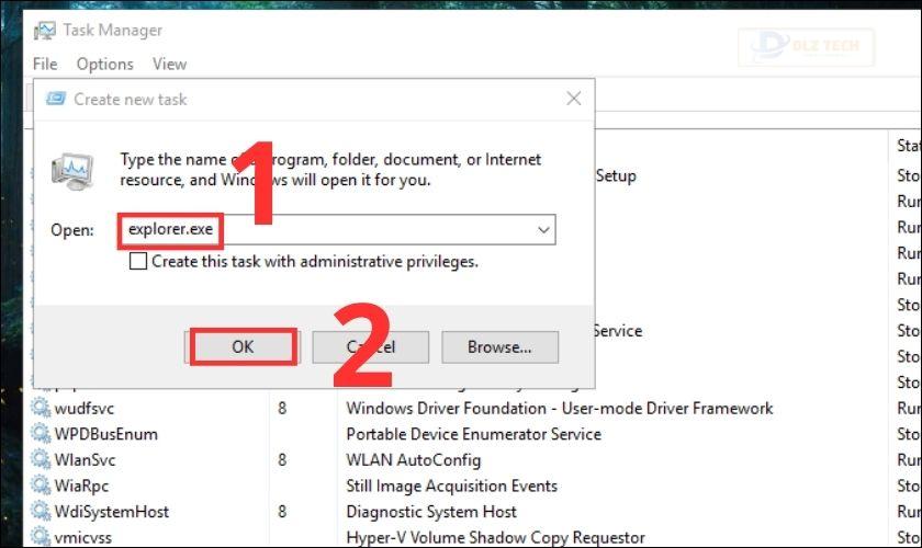 Nhập lệnh explorer.exe vào ô Open và nhấn Enter hoặc OK để thực hiện