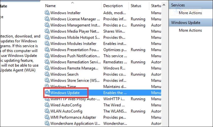 Kéo xuống dưới tìm và click đúp chuột vào Window Update