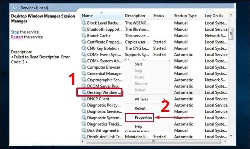 Bạn tiếp tục chọn mục Desktop Window Manager Session Manager và chọn Properties