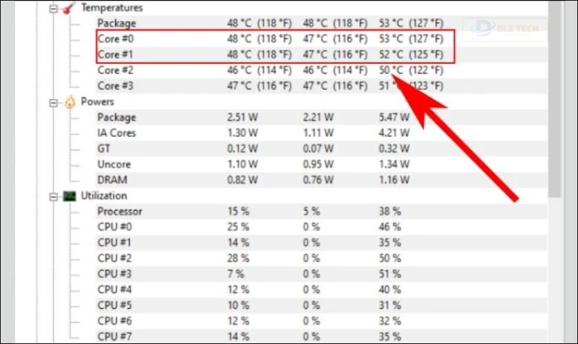 Mở phần mềm CPUID HWMonitor và tìm đến mục Temperatures