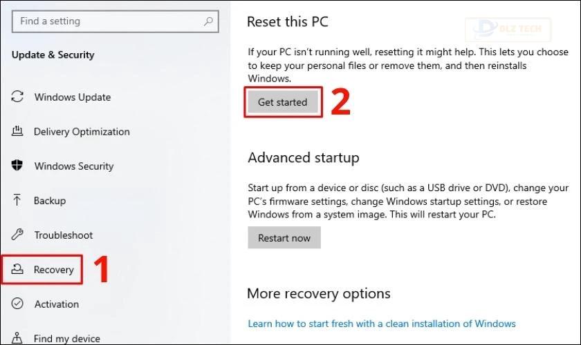 Chọn Get started dưới dòng Reset this PC