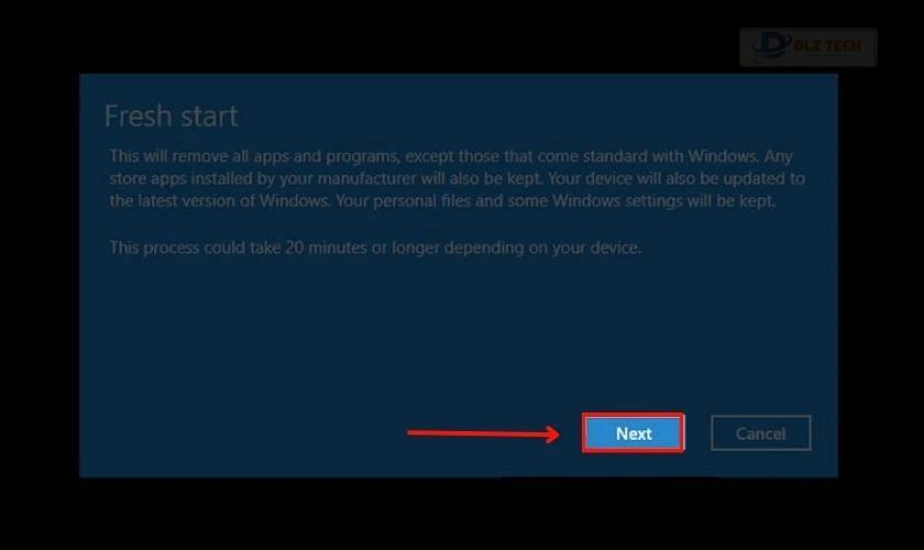 Chọn Next để xác nhận tiến hành tải và cài đặt lại Windows