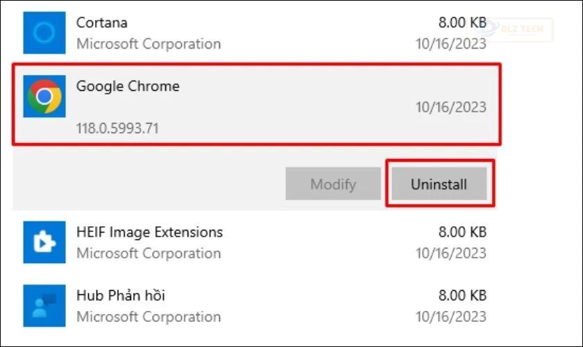 Chọn Uninstall để gỡ cài đặt ứng dụng