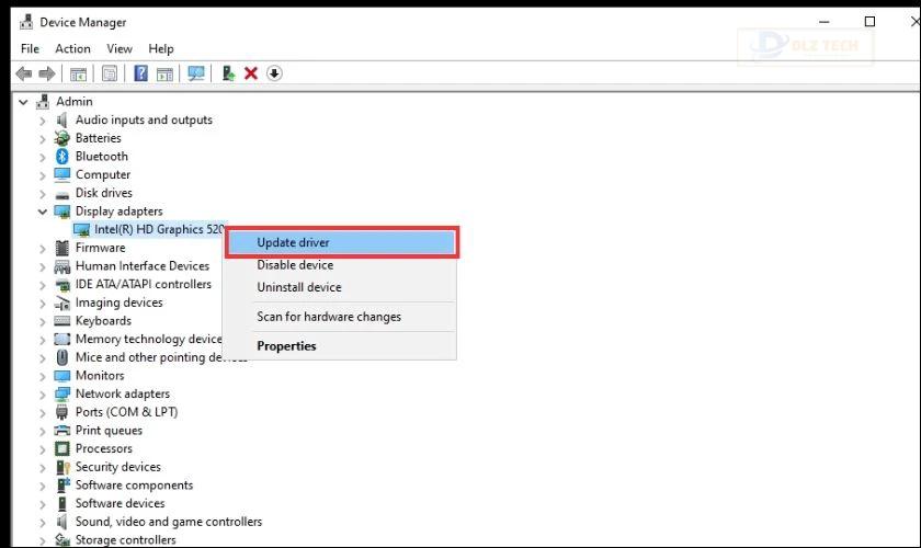 Click chuột phải vào card đồ họa và chọn Update driver