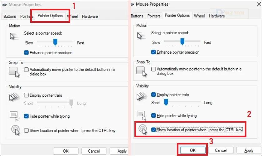Chọn đến mục Show location of pointer when I press the CTRL key