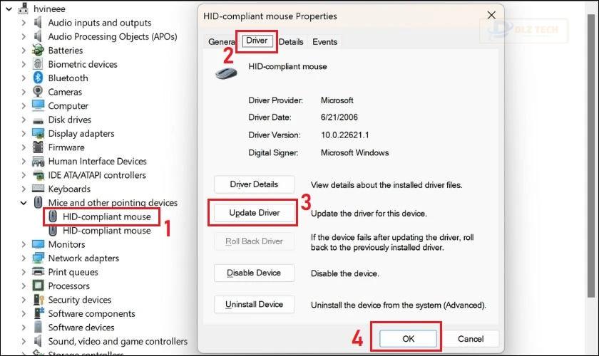Di chuyển sang tab Driver và nhấn phím Tab lần nữa để lướt xuống lệnh Update driver