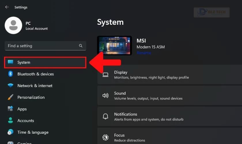 Chọn vào mục System