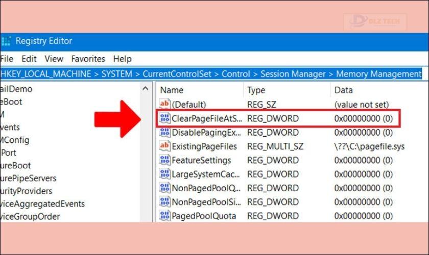 Tìm và click chuột vào dòng ClearPageFileAtShutdown